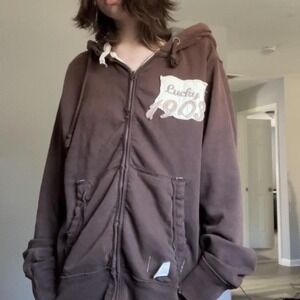 Y2K Hoodie Vintage Distressed Brown Punk Grunge Cyber Thermal Lined Size L